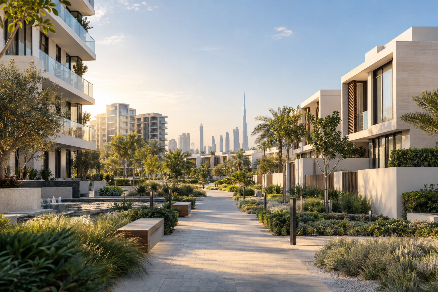 Modern apartments and villas in a landscaped UAE community